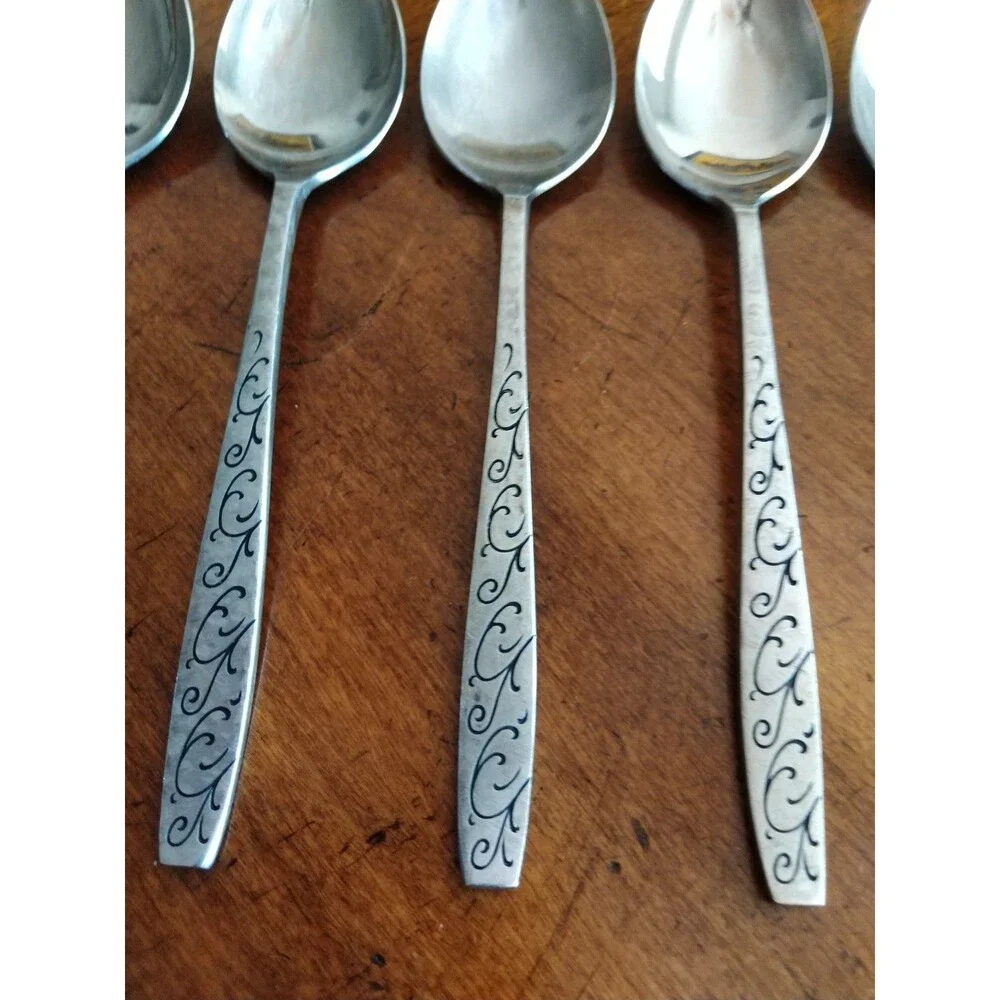 Vtg Lot 7 Dinner Spoons Stainless Grand Prix Florentine Black Swirl Design Japan
